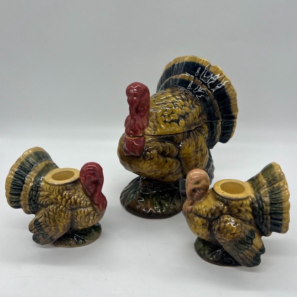 Vintage Napcoware Turkey Candle Holder Covered Dish Set Thanksgiving Table Decor
